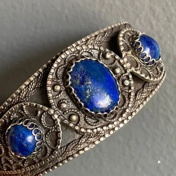 Old Etruscan Style 800 silver Lapis Bangle . Middle eastern Silver Bracelet . S
